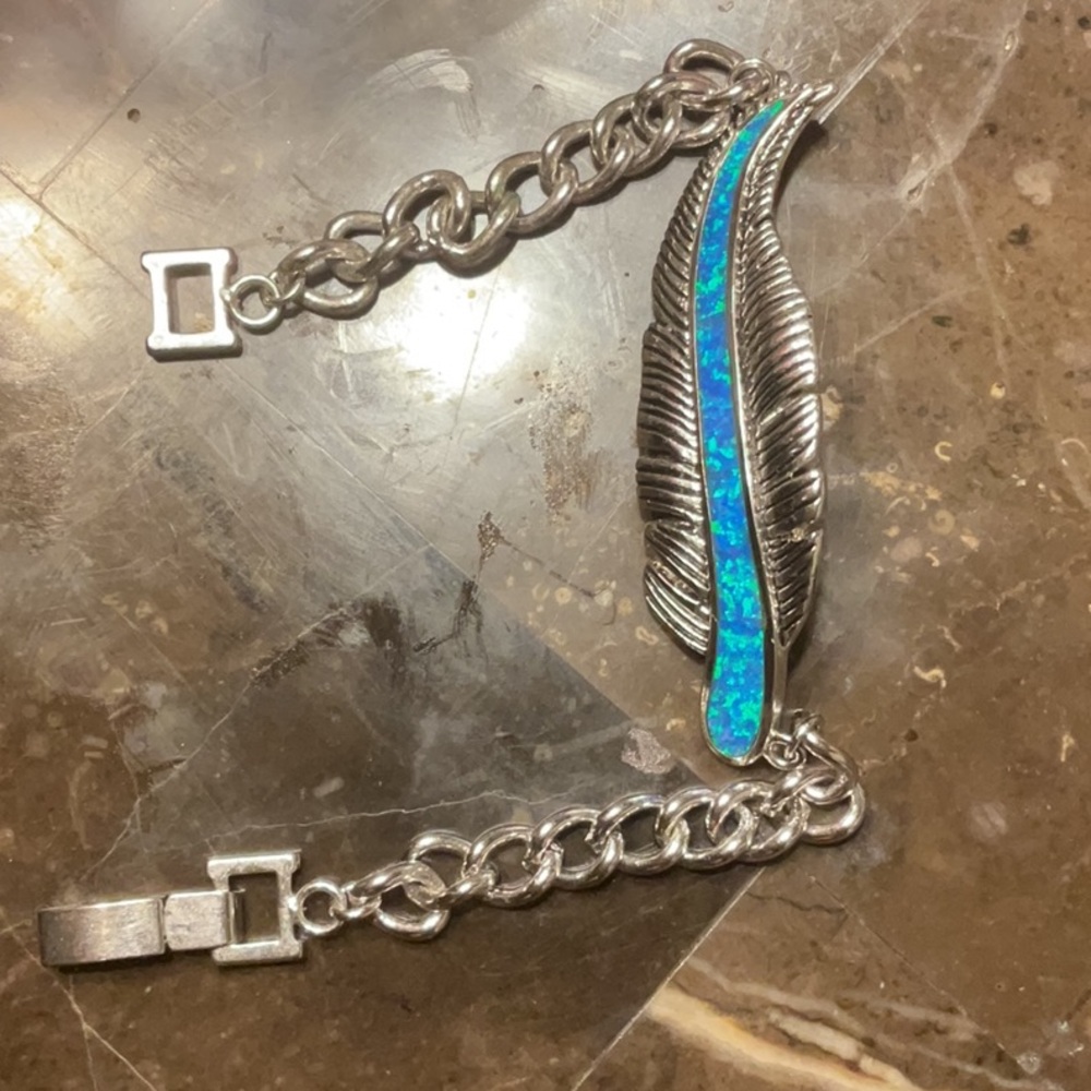 Silver and Blue Feather Bracelet